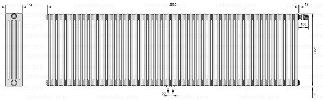 Схема (чертеж) Радиатор Zehnder Charleston 5220/55 №V008 Белый глянцевый RAL 9016